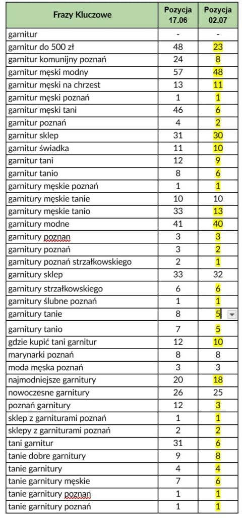 Raport pozycji SEO – TanieGarnitury.com.pl