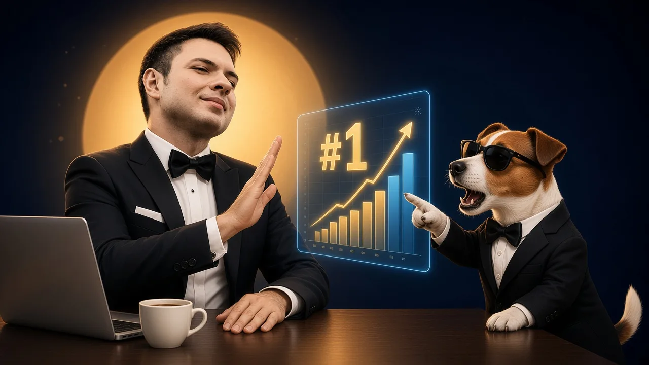 Piotr Jeziorny i jego agent AI – piesek Agent 008 w smokingu – przy biurku