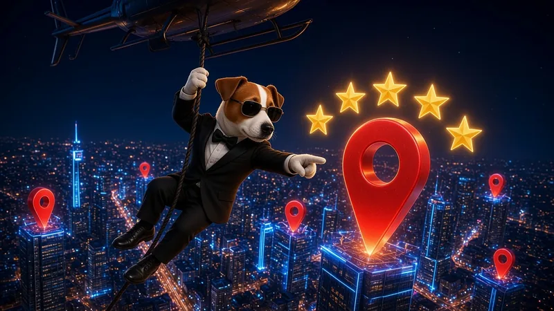 Piesek agent wskazuje pinezkę na mapie Google