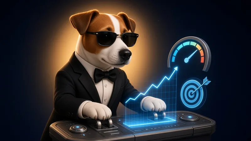 Piesek agent steruje kampanią Google Ads przy pulpicie