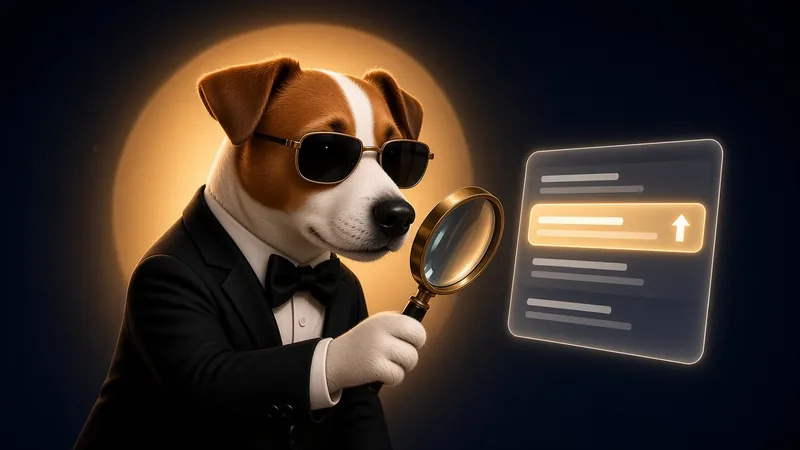 Piesek agent z lupą sprawdza wyniki wyszukiwania Google