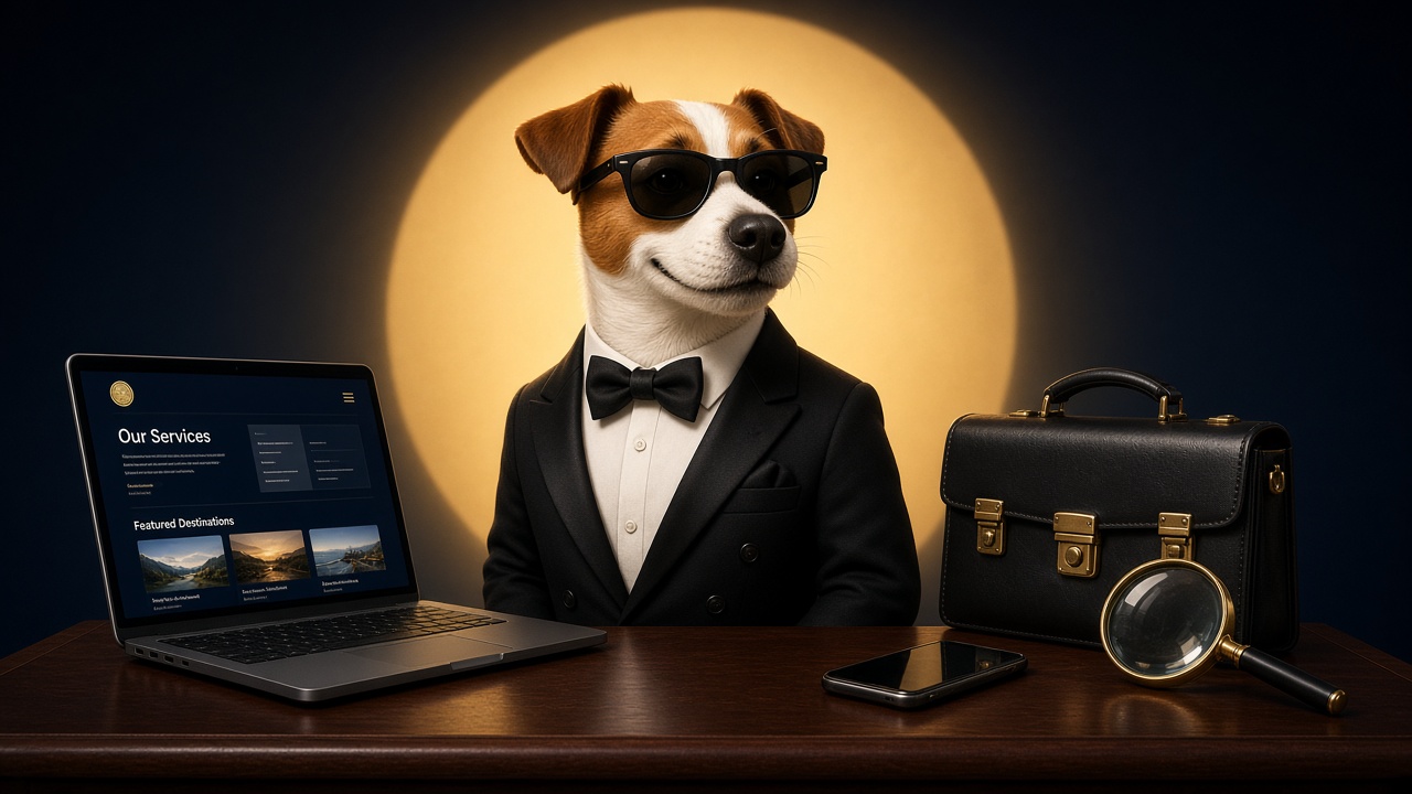 Piesek agent – Freelancer007 Piesek agent Freelancer007 w smokingu przy biurku z laptopem i teczką projektów